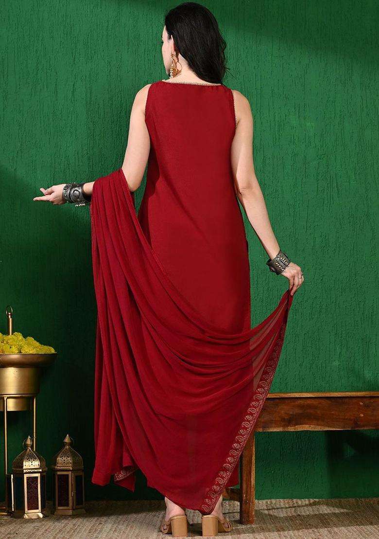 Maroon Printed Silk Blend Kurta Set - Indya