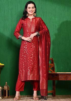 Red Woven Design Viscose Kurta Set