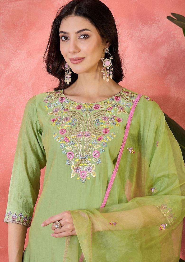 Green Embroidered Silk Kurta Set - Indya