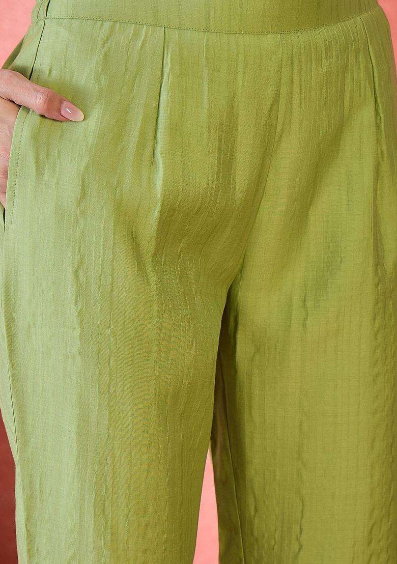 Green Embroidered Silk Kurta Set - Indya