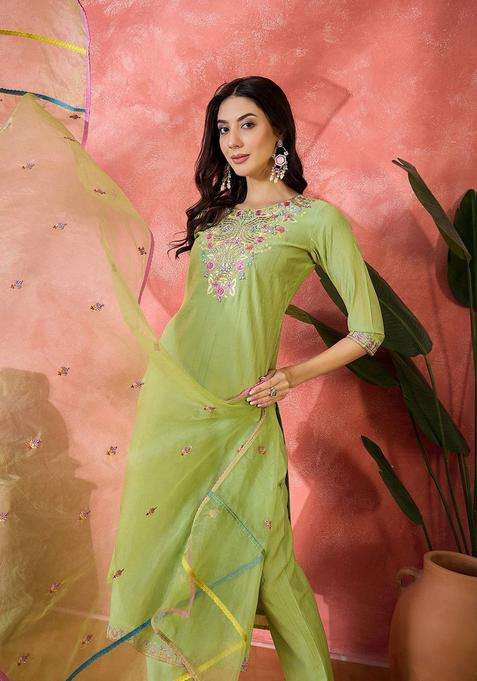 Green Embroidered Silk Kurta Set