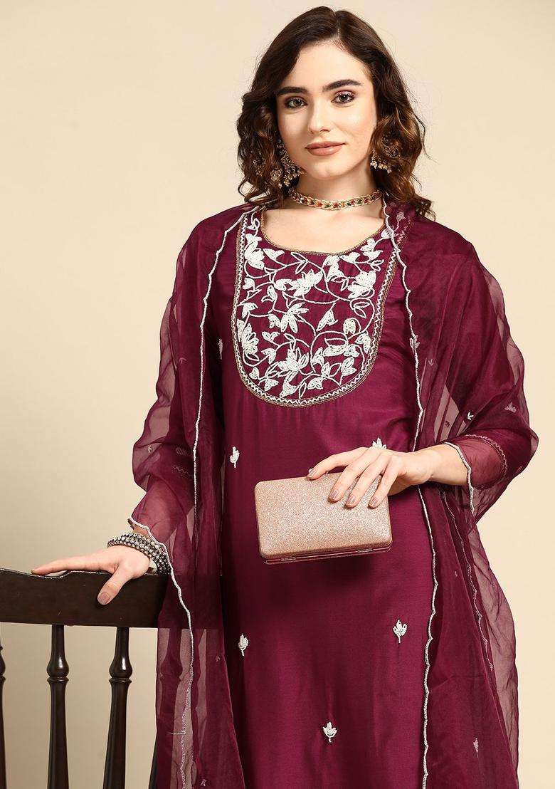 Purple Embroidered Silk Blend Kurta Set - Indya
