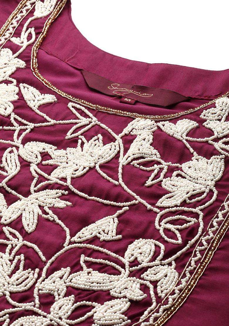 Purple Embroidered Silk Blend Kurta Set - Indya