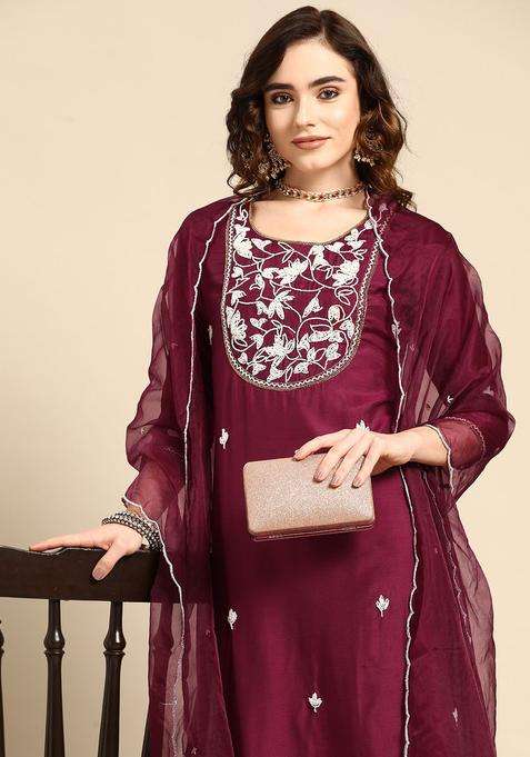 Purple Embroidered Silk Blend Kurta Set