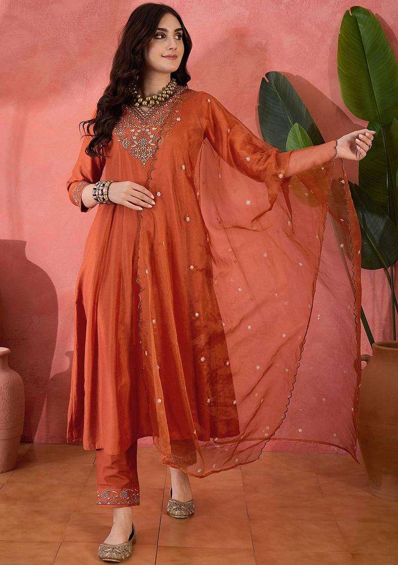 Orange Embroidered Silk Blend Kurta Set - Indya