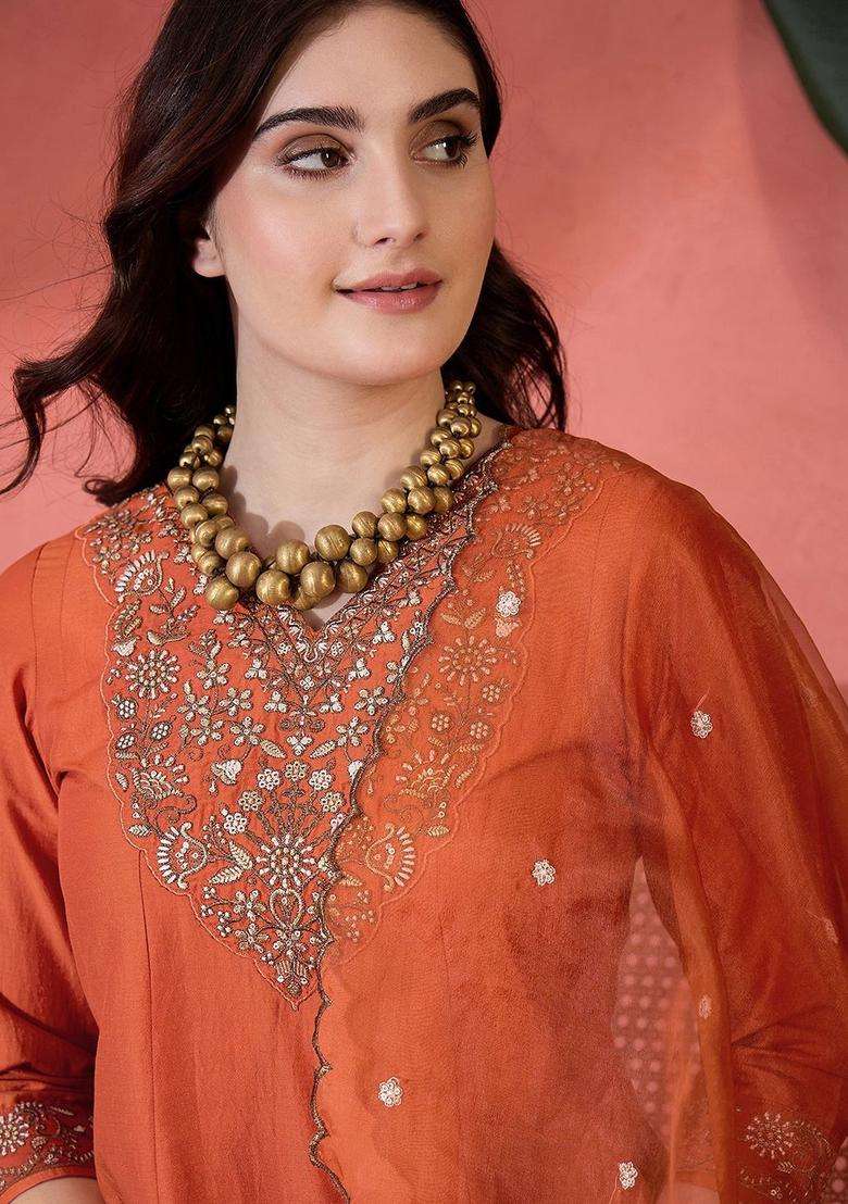 Orange Embroidered Silk Blend Kurta Set - Indya