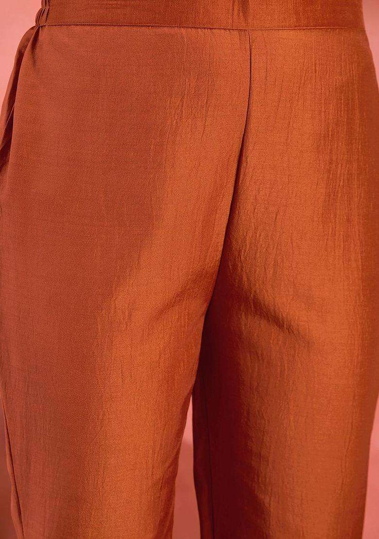 Orange Embroidered Silk Blend Kurta Set - Indya