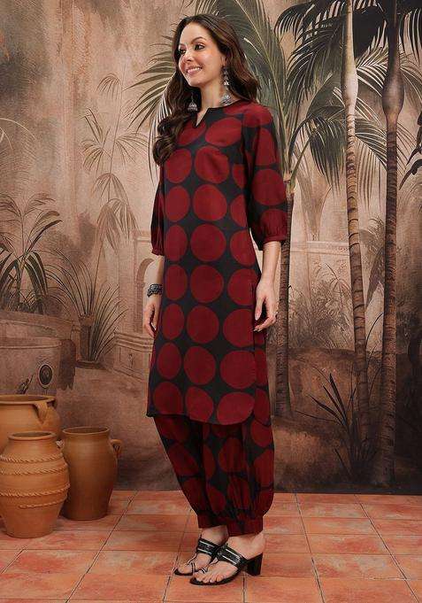 Black Printed Polyester Kurta Set