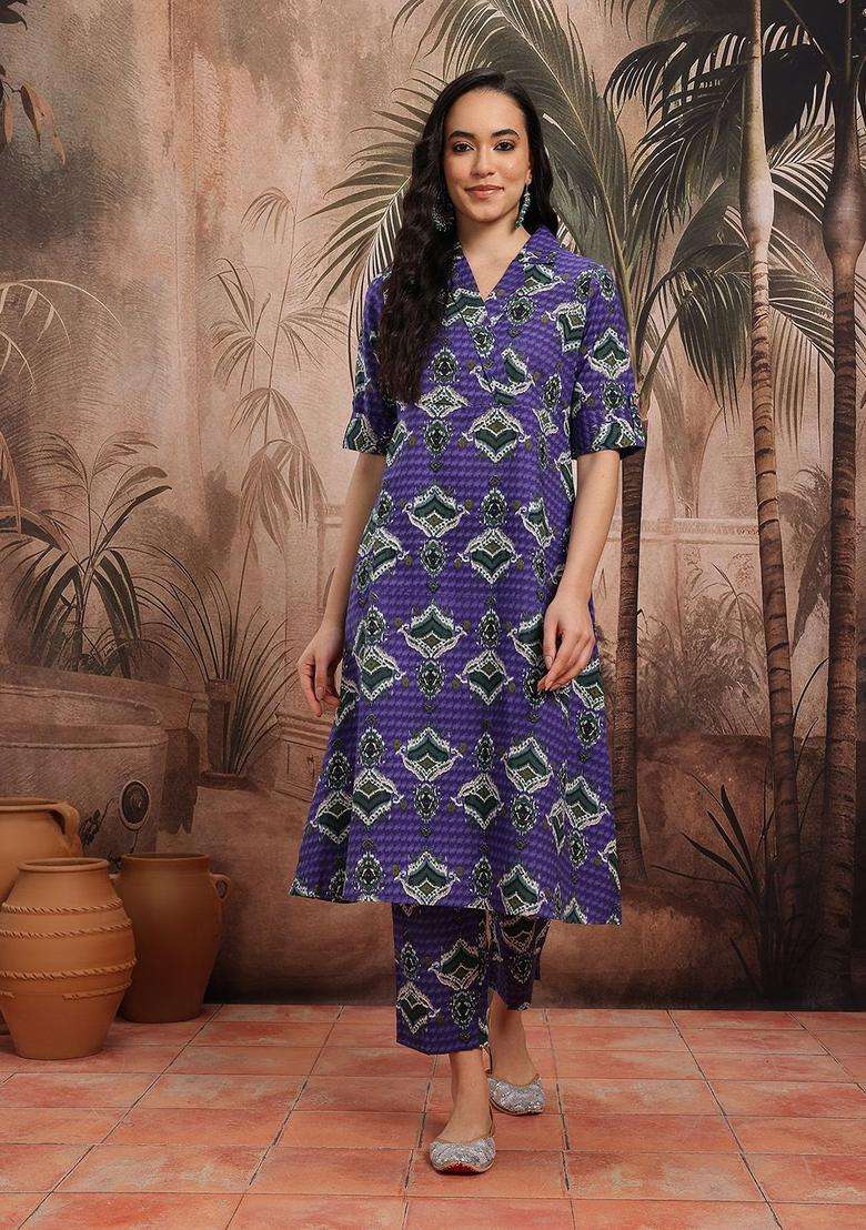 Purple Printed Cotton Kurta Set - Indya