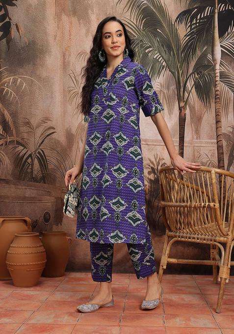 Purple Printed Cotton Kurta Set