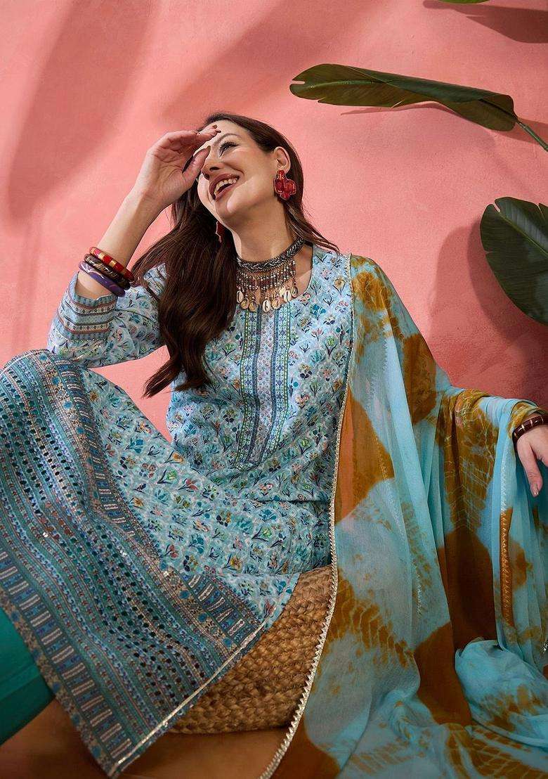 Blue Printed Cotton Kurta Set - Indya