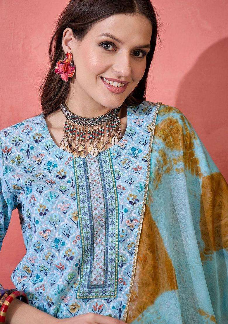 Blue Printed Cotton Kurta Set - Indya
