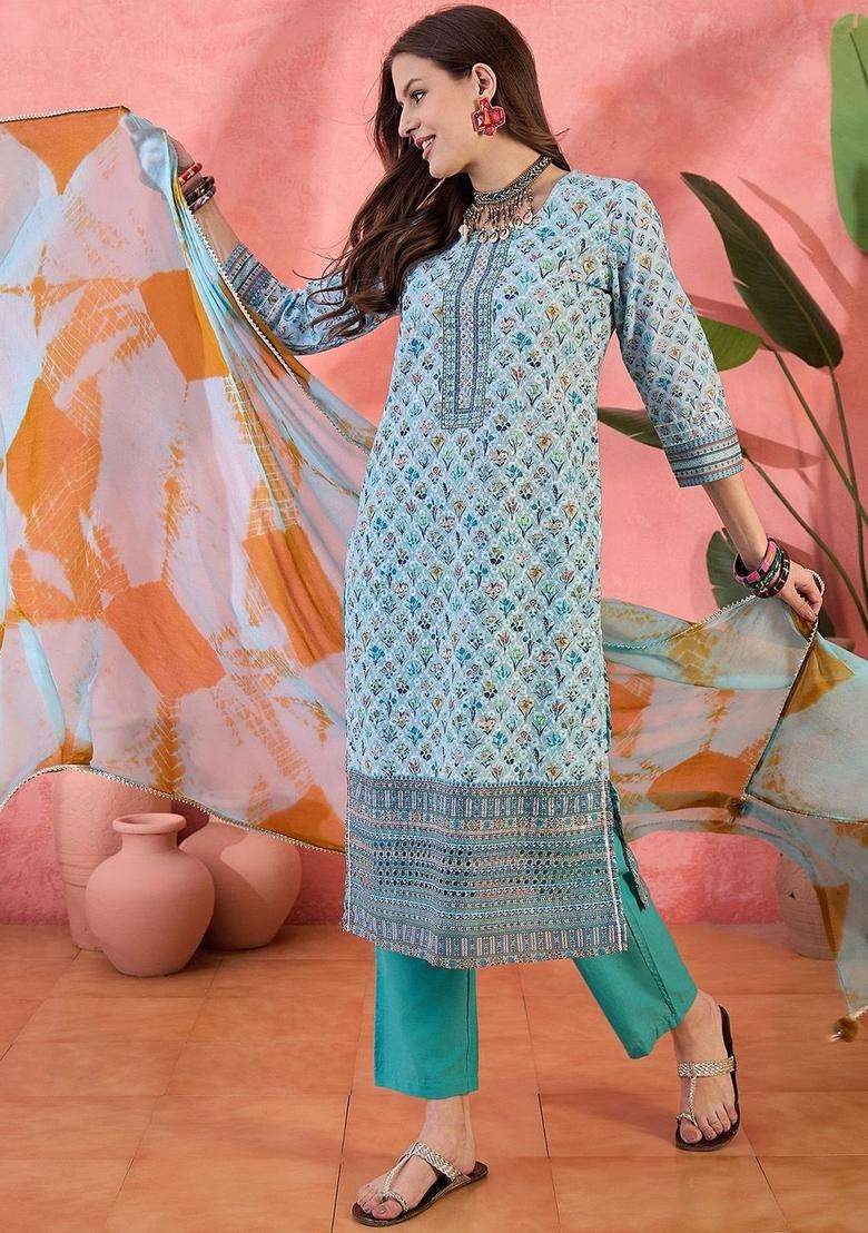 Blue Printed Cotton Kurta Set - Indya