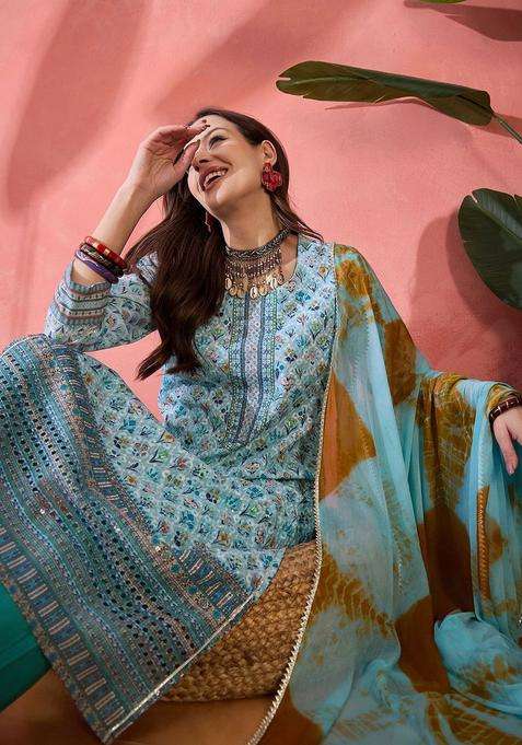 Blue Printed Cotton Kurta Set