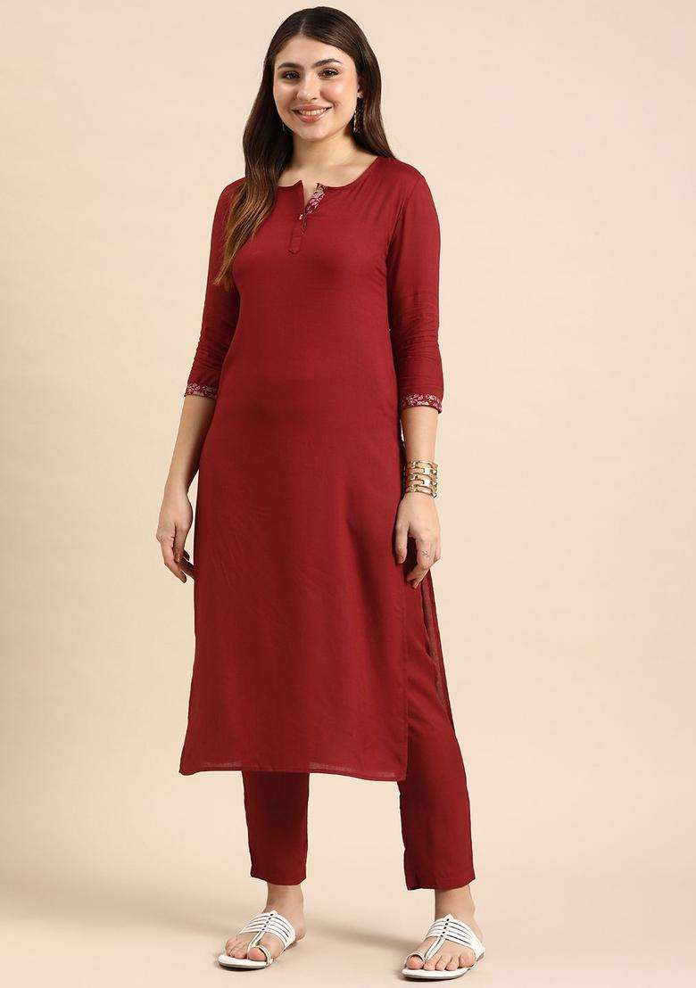Maroon Solid Viscose Kurta Set - Indya