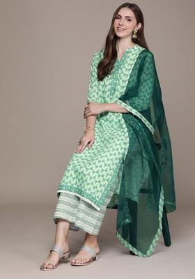 Sea Green Printed Cotton Kurta Set