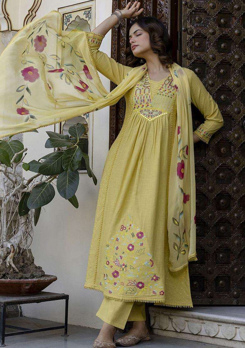 Yellow Embroidered Cotton Kurta Set - Indya