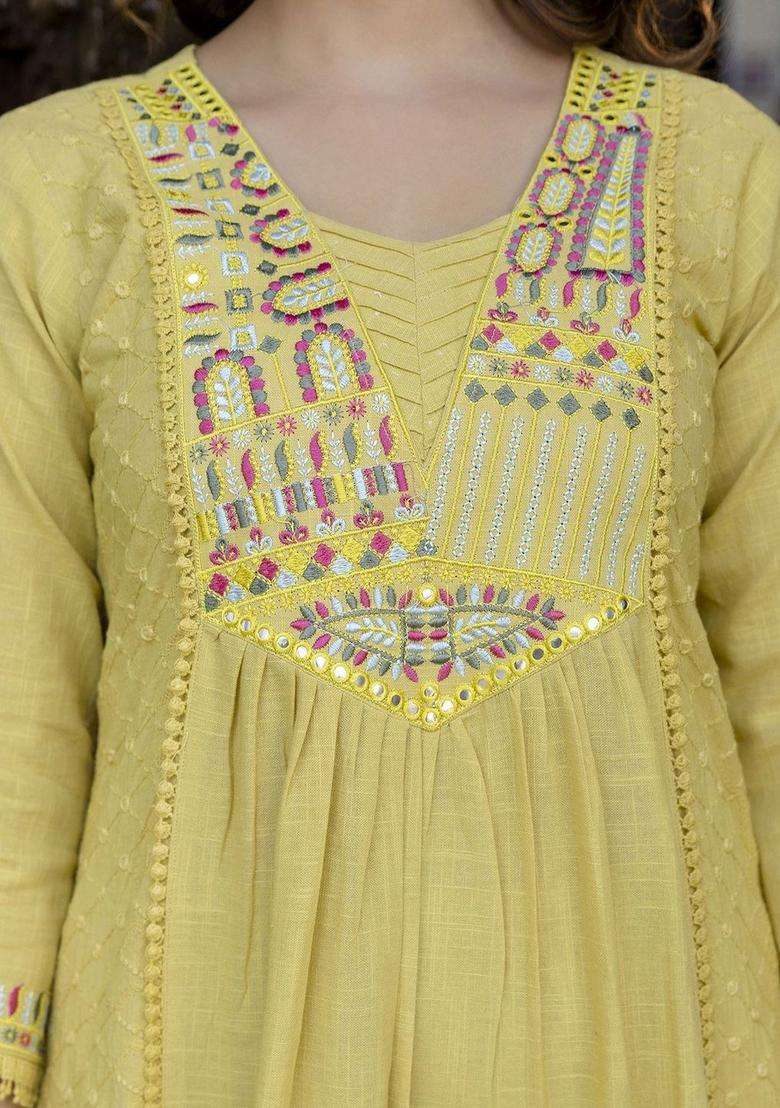 Yellow Embroidered Cotton Kurta Set - Indya