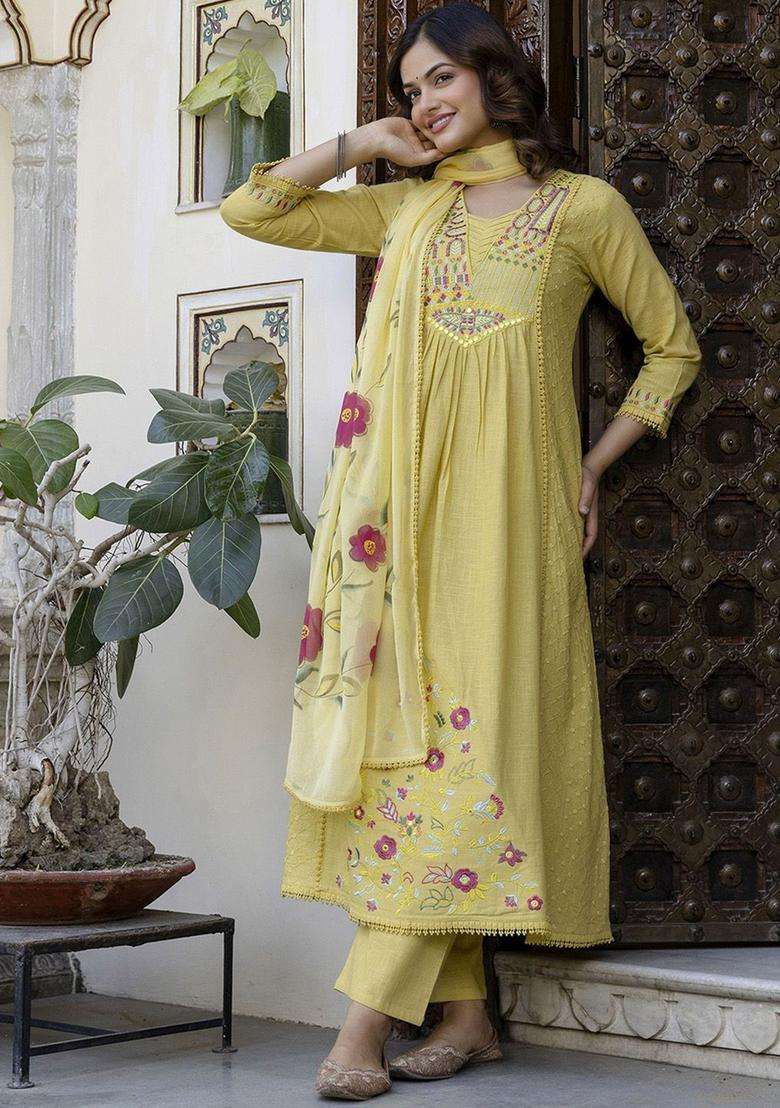 Yellow Embroidered Cotton Kurta Set - Indya