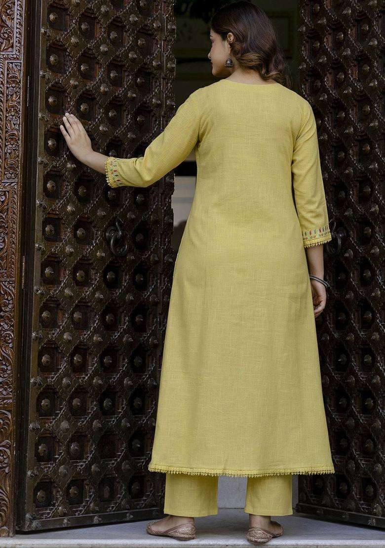 Yellow Embroidered Cotton Kurta Set - Indya