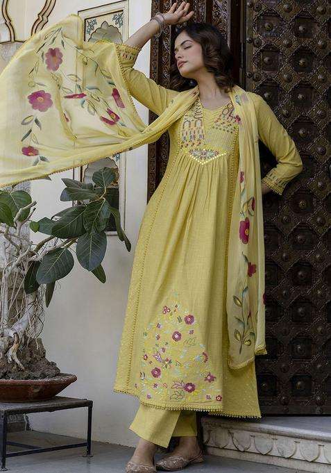 Yellow Embroidered Cotton Kurta Set