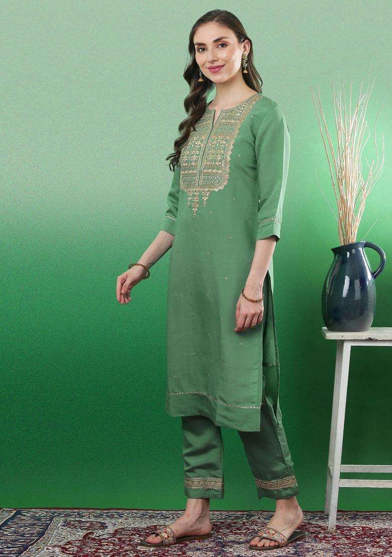 Sea Green Yoke Design Viscose Kurta Set - Indya