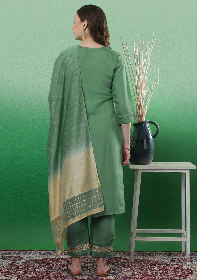 Sea Green Yoke Design Viscose Kurta Set - Indya