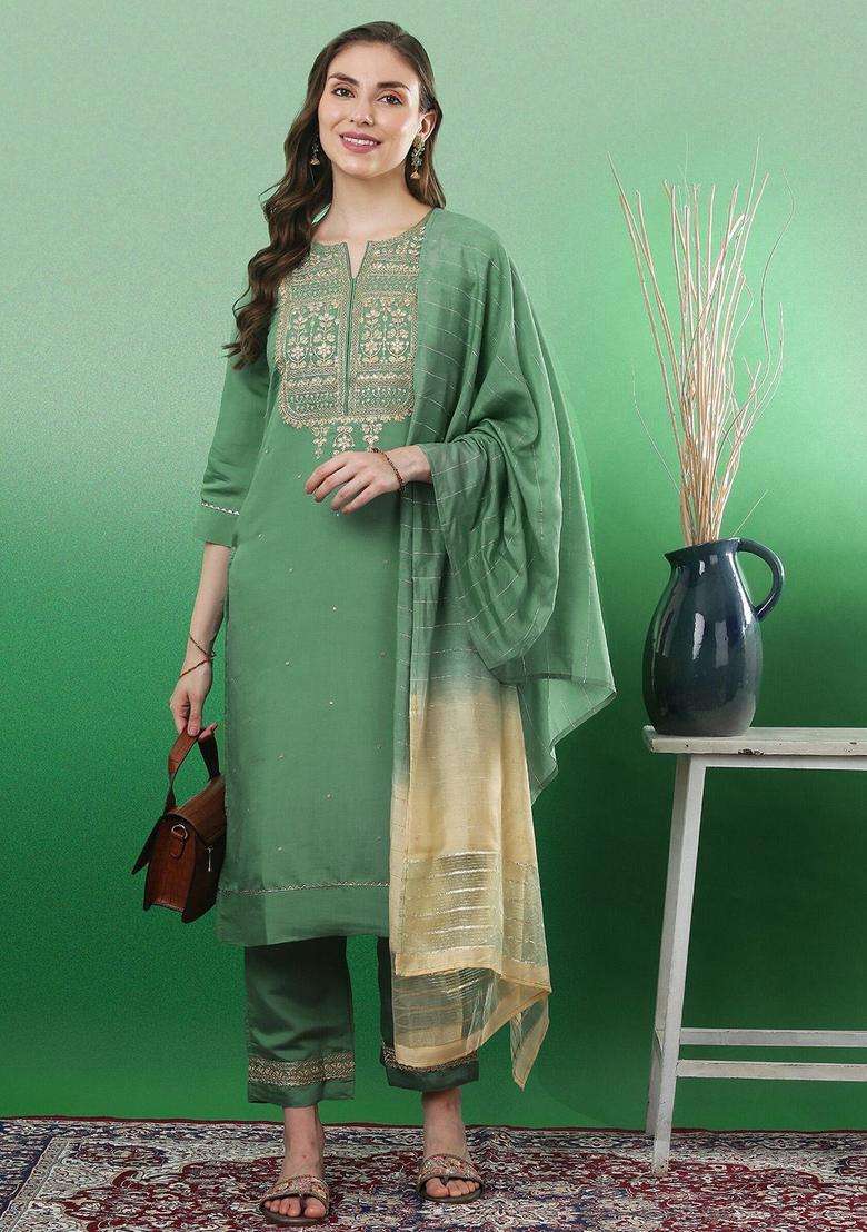 Sea Green Yoke Design Viscose Kurta Set - Indya
