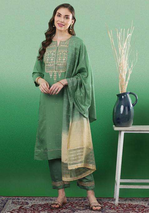 Sea Green Yoke Design Viscose Kurta Set