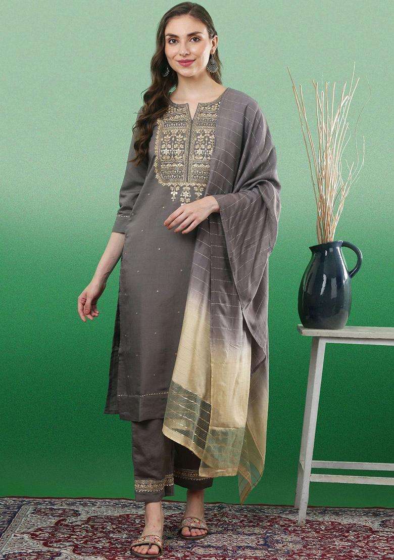 Grey Embroidered Viscose Kurta Set - Indya