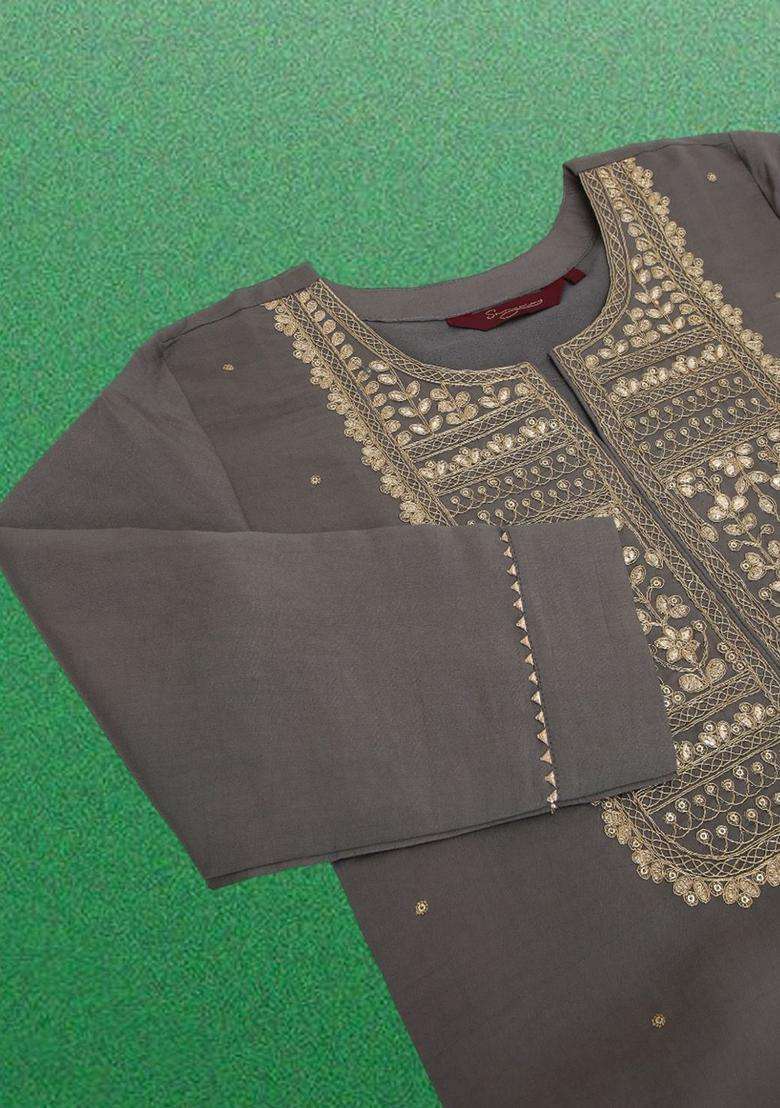 Grey Embroidered Viscose Kurta Set - Indya