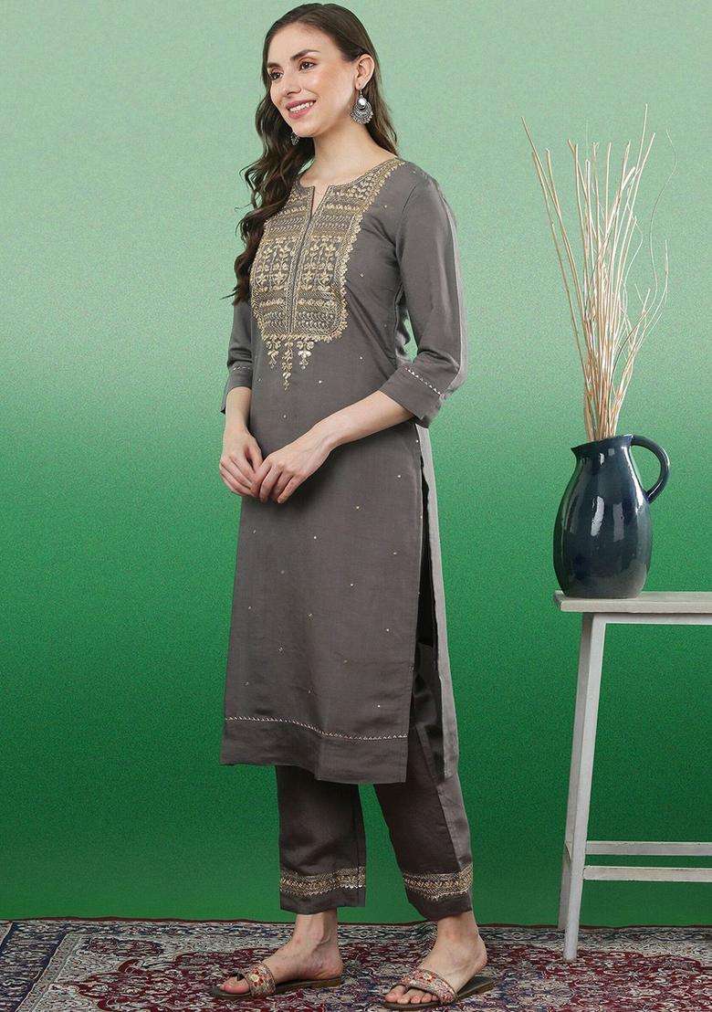 Grey Embroidered Viscose Kurta Set - Indya