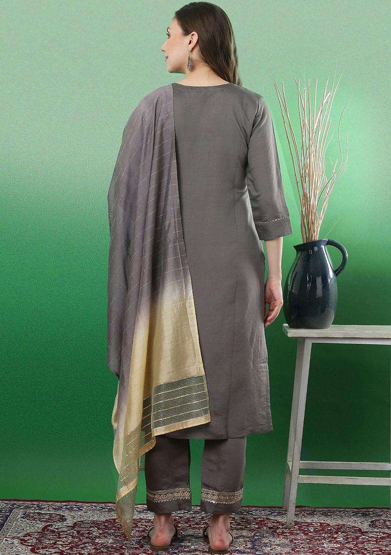 Grey Embroidered Viscose Kurta Set - Indya