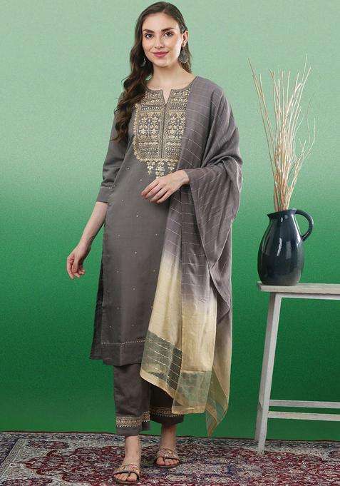 Grey Embroidered Viscose Kurta Set