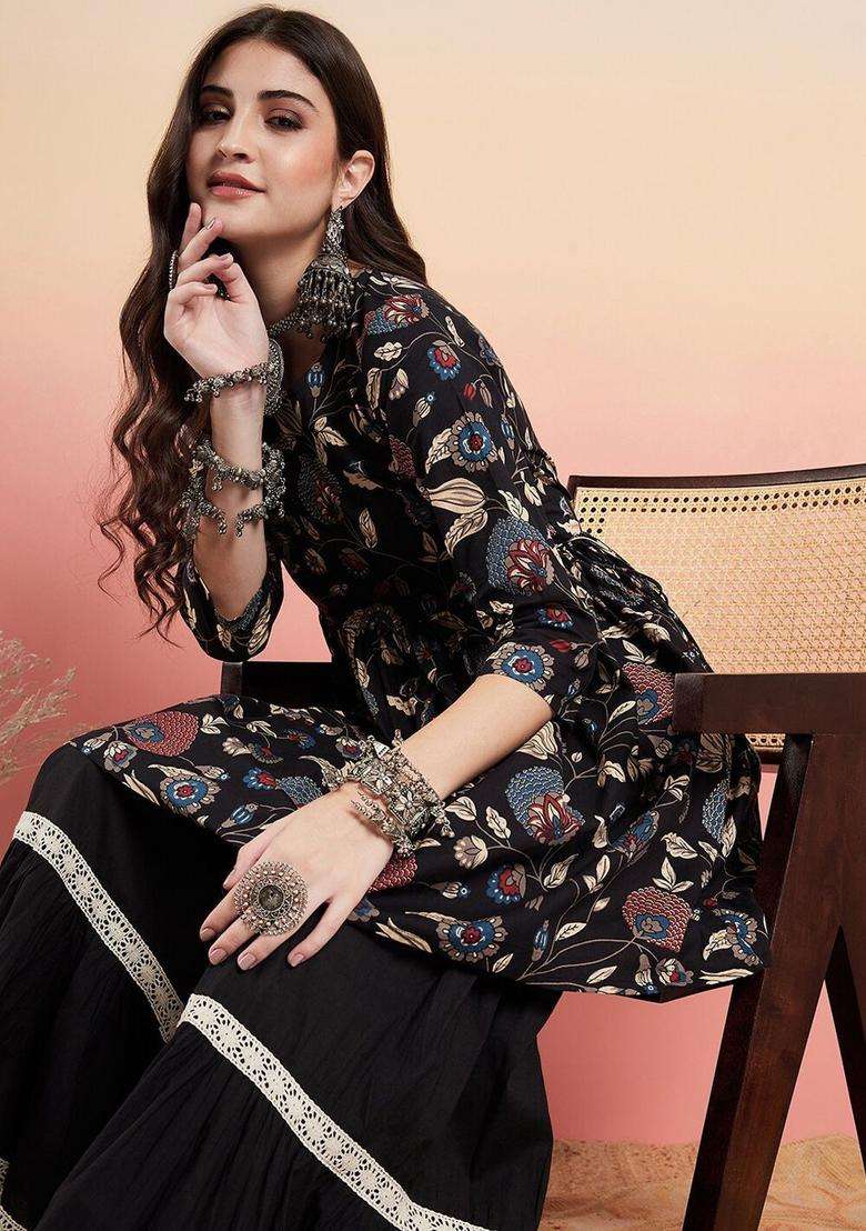 Black Printed Cotton Anarkali Set - Indya