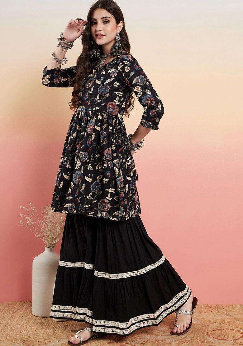 Black Printed Cotton Anarkali Set - Indya