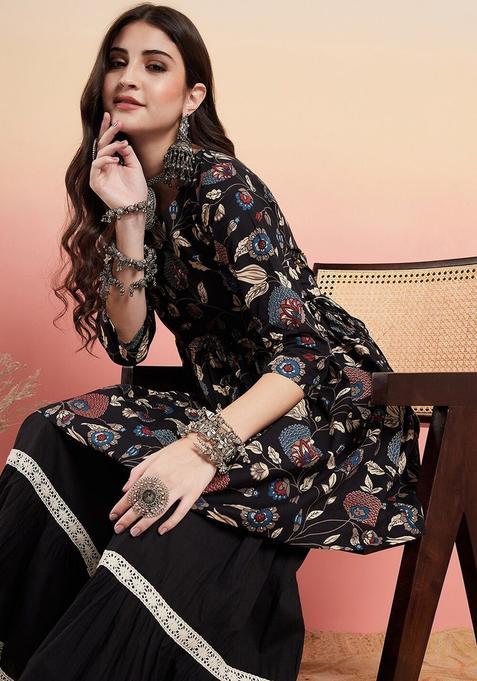 Black Printed Cotton Anarkali Set — view on Indya