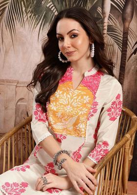 Cream Printed Polyester Kurta Set