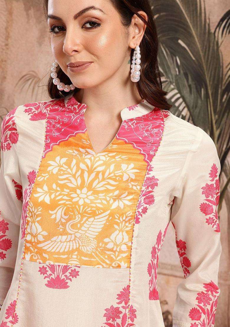 Cream Printed Polyester Kurta Set - Indya