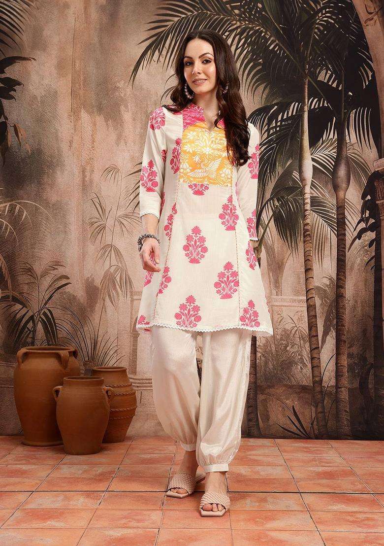 Cream Printed Polyester Kurta Set - Indya