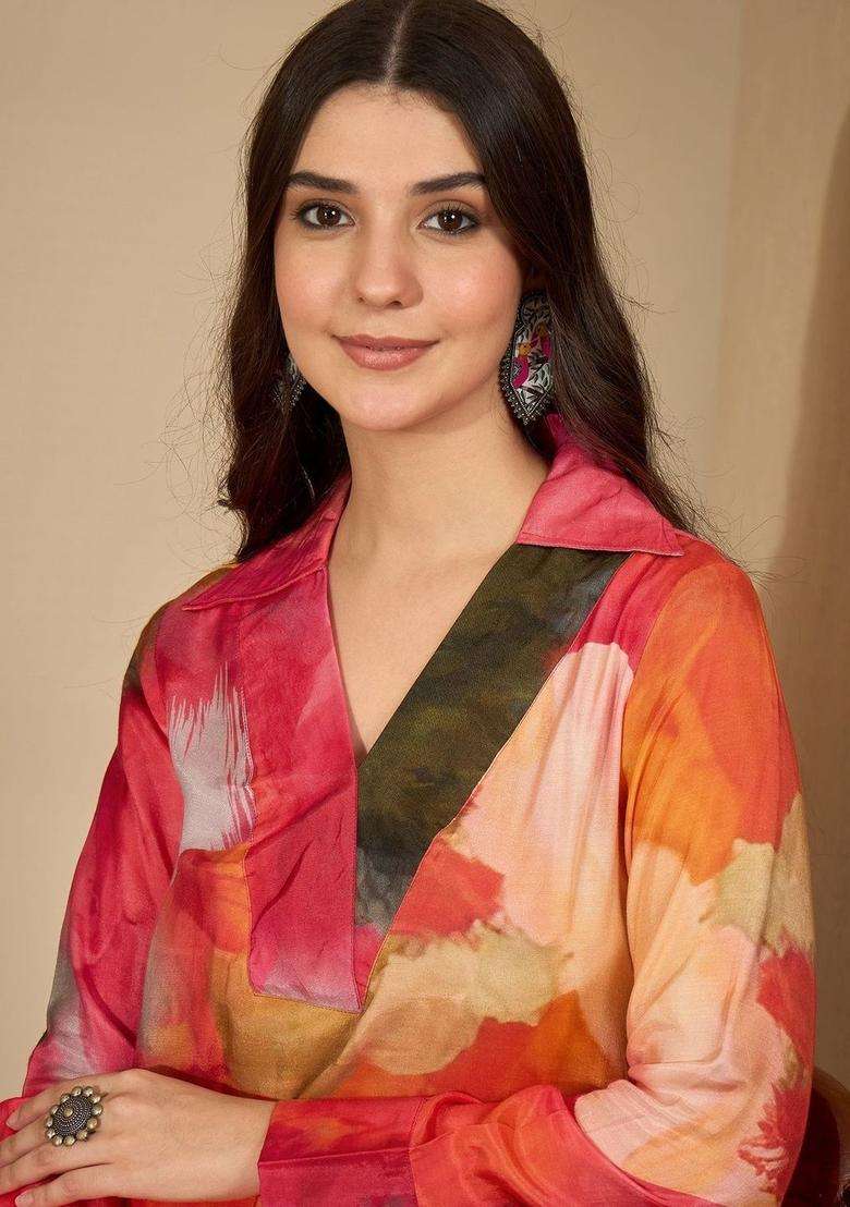 Pink Printed Viscose Kurta Set - Indya