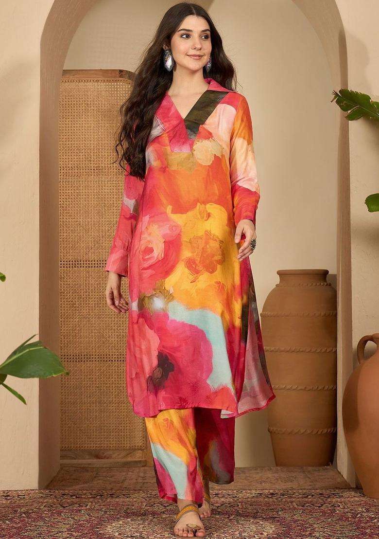 Pink Printed Viscose Kurta Set - Indya