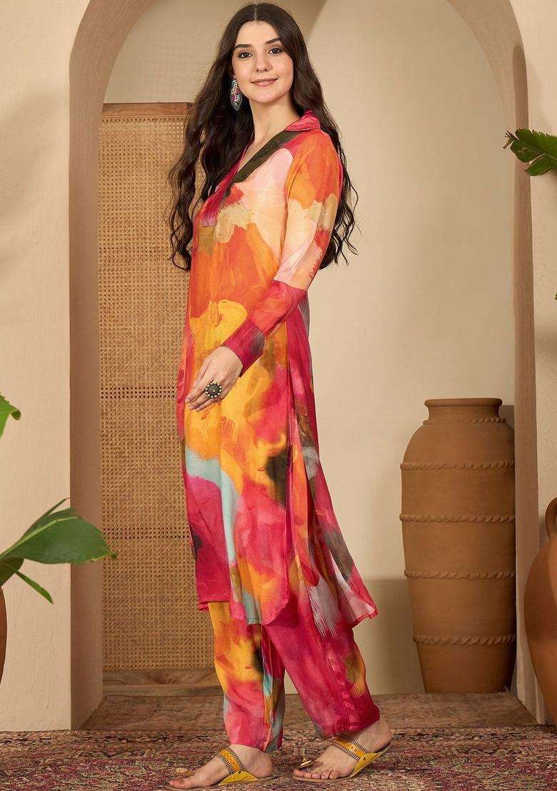 Pink Printed Viscose Kurta Set - Indya