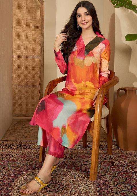 Pink Printed Viscose Kurta Set