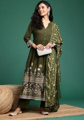 Olive Printed Viscose Kurta Set