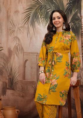 Mustard Printed Polyester Kurta Set