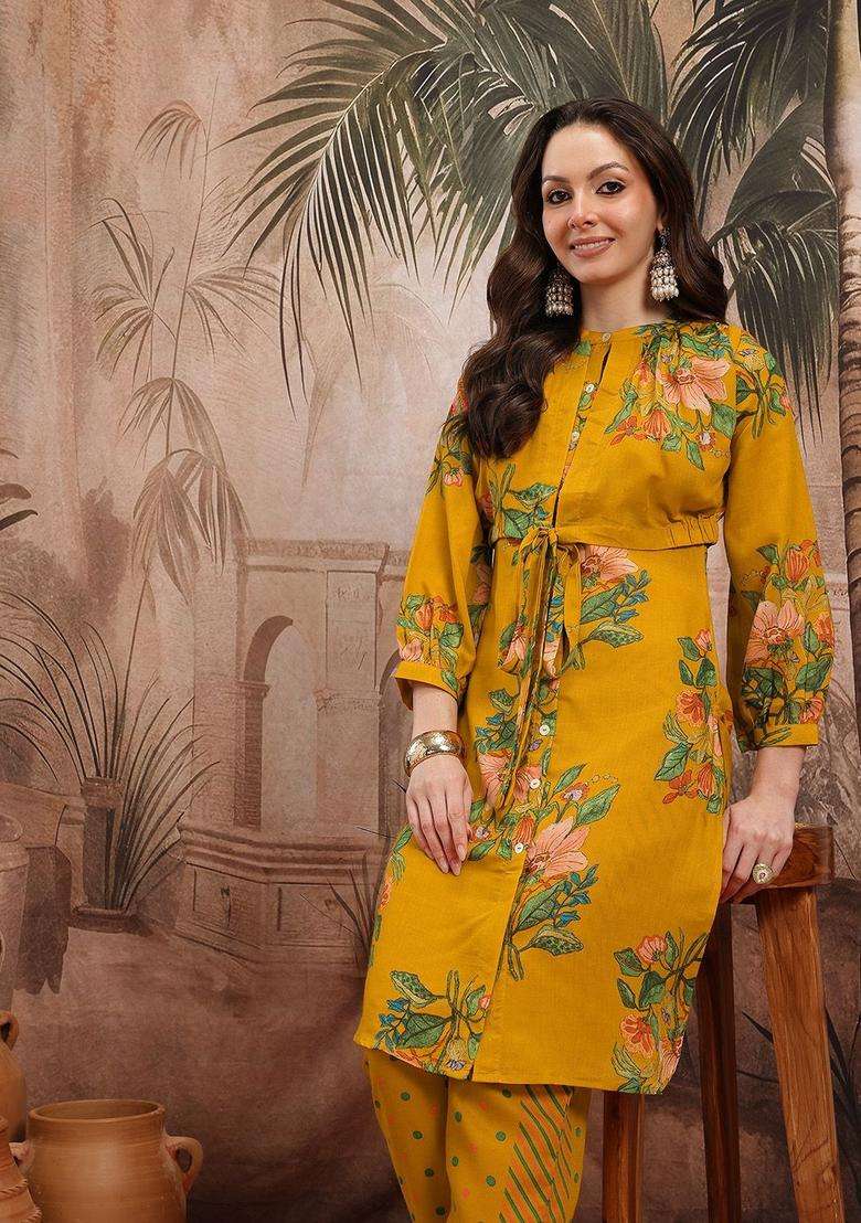 Mustard Printed Polyester Kurta Set - Indya