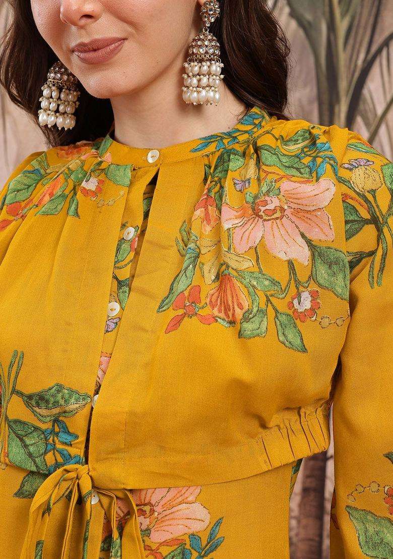 Mustard Printed Polyester Kurta Set - Indya