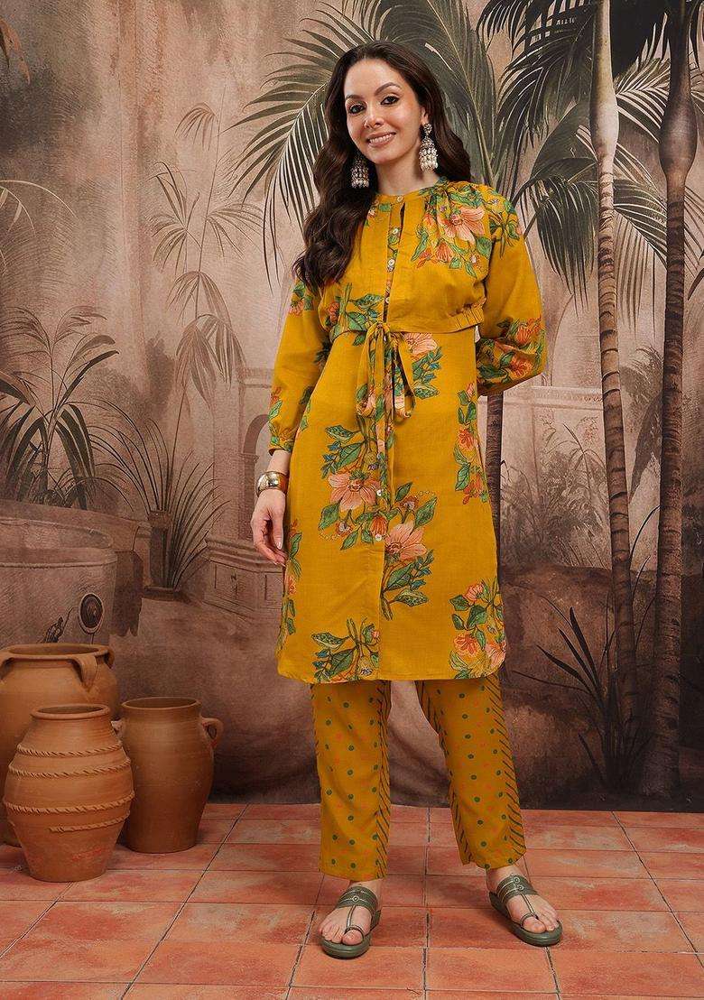Mustard Printed Polyester Kurta Set - Indya