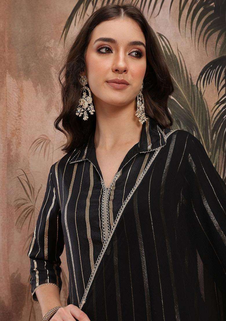 Black Embroidered Nylon Kurta Set - Indya